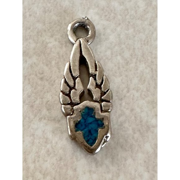 Sterling silver blue turquoise chip inlay feathered wing dainty pendant charm - Picture 1 of 5